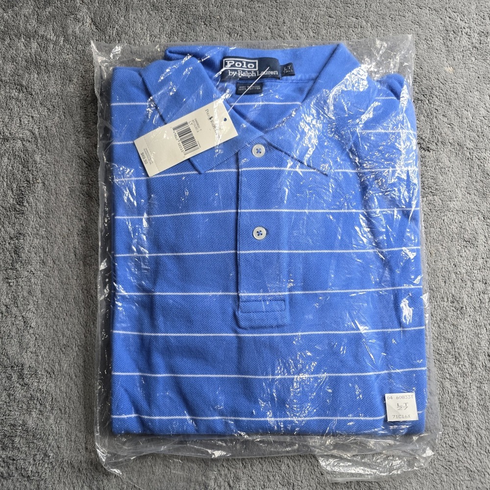 NWT Polo Ralph Lauren Mesh Polo Shirt Mens Large Tall Blue Stripe S/S White Pony